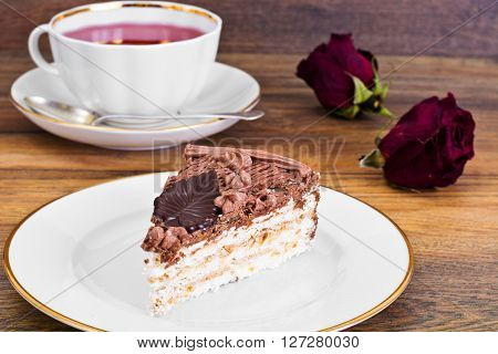 Bezes Cake with Nuts, Whipped Cream and Chocolate Studio Photo
