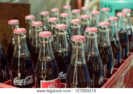 BANGKOK - APRIL 21: Bottles of Coke sale in street market  on April 21, 2016 in Bangkok, Thailand