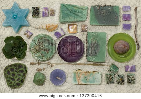 Hand made soap with herbs candles and stones flat lay composed on the lace