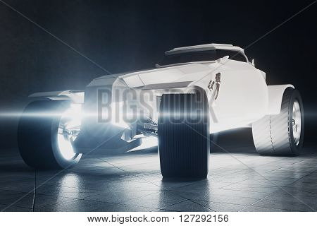 White Hot Rod car on concrete background. 3D Rendering