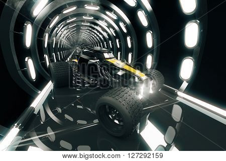 Sideview of Hot-Rod car in illuminated tunnel. 3D Rendering
