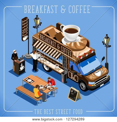 Espresso Breakfast Coffee Food Truck Delivery Master. Street Food Chef Web Template. 3D Flat Isometric Vehicles Food Truck Infographic Elements Isolated Icon. JPG. JPEG. Picture. Image. Graphic. Art. Illustration. Drawing. Object. Vector. EPS. AI.