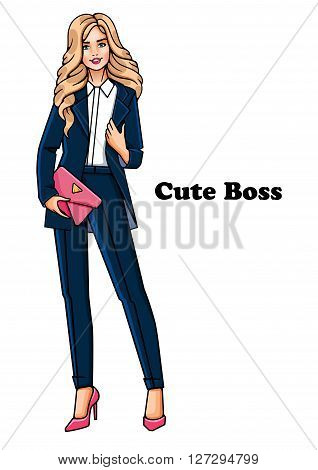 Vector illustration. Isolated fashion girl in suit . Young woman standing in white background. Cute blonde in full-length.