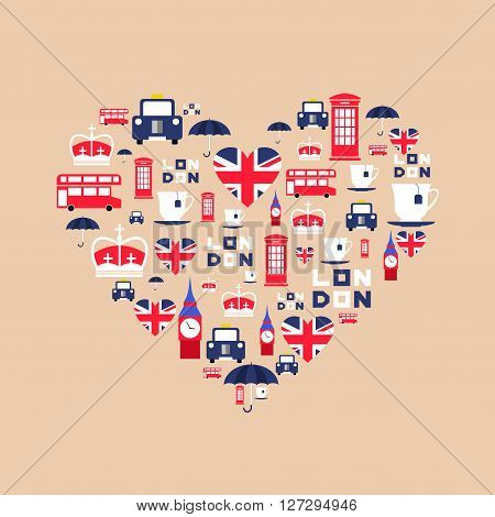 London icons in flat style arrange in the form of heart. England icons isolated on background. Vector iilustration