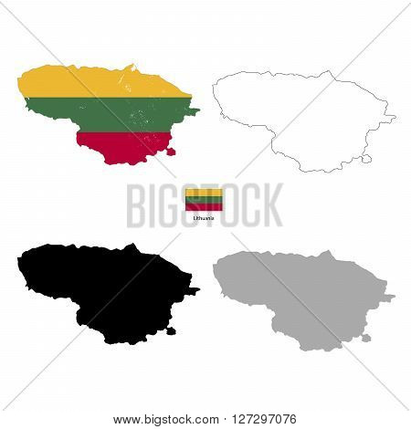 Lithuania country black silhouette and with flag on background isolated on white