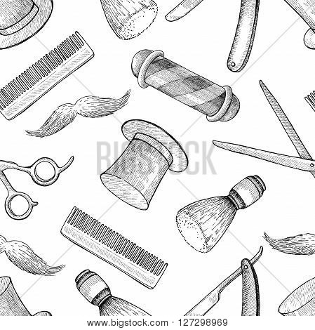 Vector vintage hand drawn Barber Shop seamless pattern. Detailed background. Mustage scissors ribbon whisker and lettering styled text. Design elements for background banner poster template.