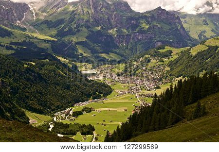 The Swiss village of Engelberg viewed from a mountaintop