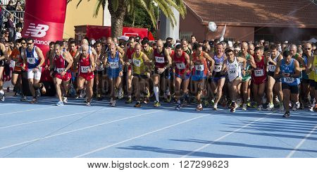 CAGLIARI ITALY - November 4, 2012: 5th Half Marathon - 4th memorial Delio Serra - Athletes at the start of the fifth edition of the Half Marathon City of Cagliari, which took place at the sports ground cones former Cagliari