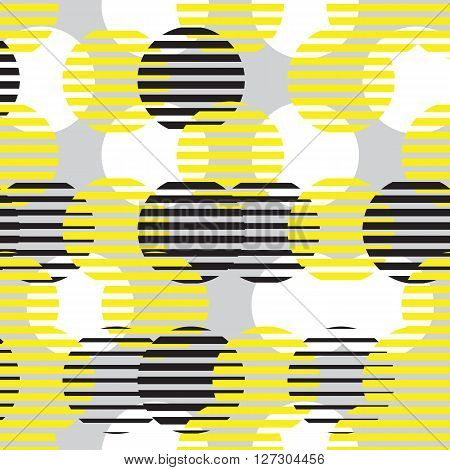 Colorful vector geometric seamless pattern. Repeating abstract circle gradation pattern in black, white, gray, yellow. Modern texture, pattern design