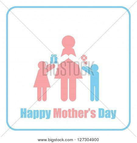 Girl and boy giving mom mother's day presents in stick figure style on white background.