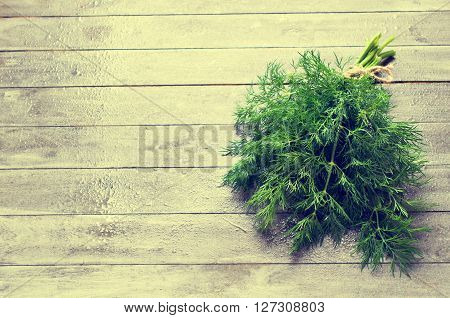 Sprigs of fresh dill with water drops on wooden background. Selective focus.