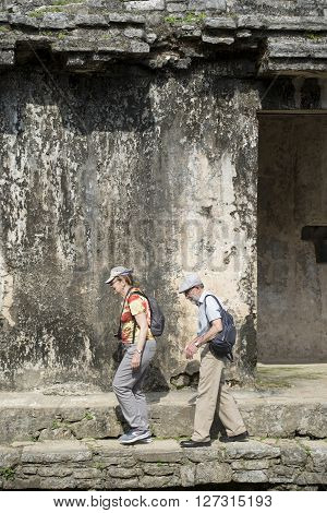 Tourists At Palenque Mayan City Ruins In Mexico