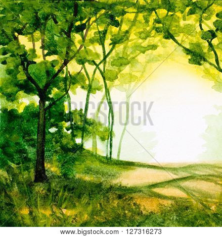 watercolor abstract background with trees and green folliage