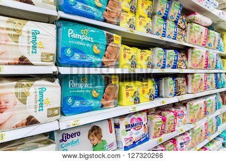 Moscow, Russia-April 24.2016. diapers for children in a large store network Auchan