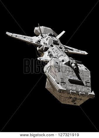 Science fiction illustration of an interplanetary gunship, isolated on black, front view, 3d digitally rendered illustration