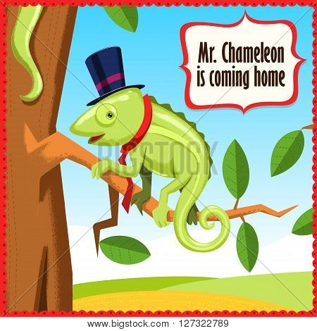 Chameleon cartoon funny animal vector illustration. Landscape nature drawing