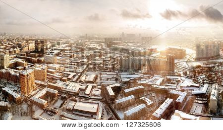 Panorama view of Moscow Russia. Aerial view on Horoshevo district. Early winter morning sunrise.
