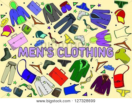 Men clothing line art design vector illustration. Separate objects. Hand drawn doodle design elements.