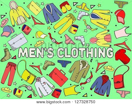 Men clothing line art design vector illustration. Separate objects. Hand drawn doodle design elements.