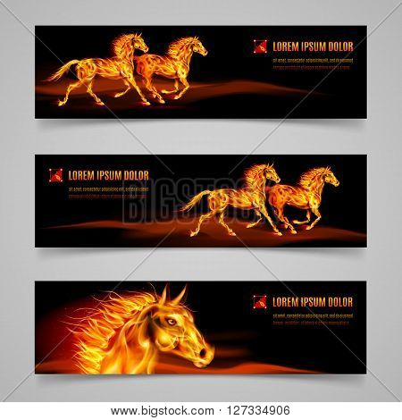 Set of banners with horses in orange flame