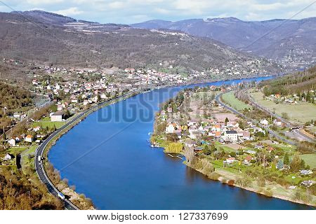 spring photo of european river Labe near the village Dolni Zalezly in Ceske stredohori region in czech nature