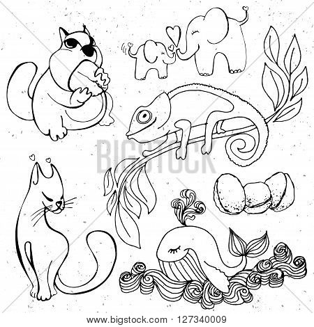 Cute animals cartoon, cartooning wild animal - elephant and whale