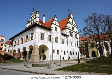 Levoca PRESOV SLOVAKIA - APRIL 03 2016: View on the old building and church in historical center of Levoca Slovakia.