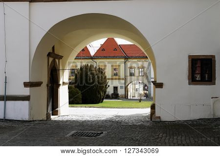 Levoca PRESOV SLOVAKIA - APRIL 03 2016: View from the old town arch in historical center of Levoca Slovakia.