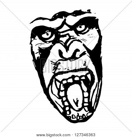 Graphics on a white background. An abstract pattern in an image of aggressive monkeys. A dangerous monkey with open mouth and teeth. Vector monkey head