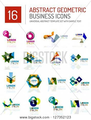 Abstract geometric business logo icon set. Colorful geometrical figure compositions with light effects - triangles circles rings arrows lines