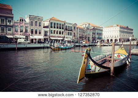 Aveiro Portugal - 22 May2015: Moliceiro boats sail along the central canal