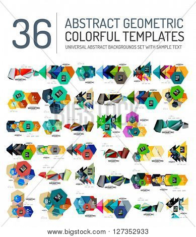 Collection of abstract backgrounds - colorful textured glossy geometric shape compositions with infographics option sample text, repetition of elements. Colorful geometric universal template, bright
