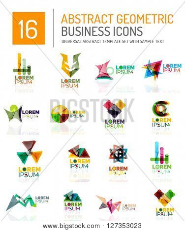 Abstract geometric business logo icon set. Colorful geometrical figure compositions with light effects - triangles circles rings arrows lines