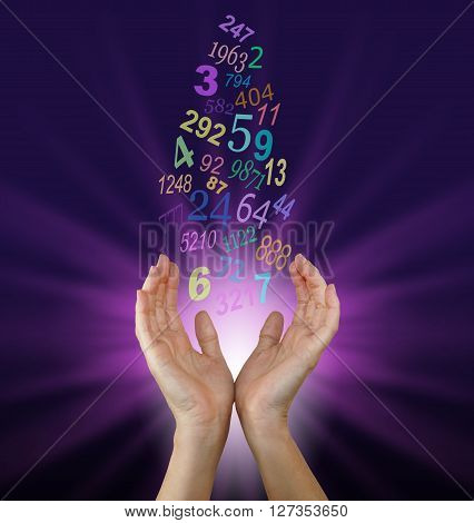 Female numerologist with cupped hands reaching up towards a flow of multicolored numbers, with a burst of magenta light behind on a dark purple background