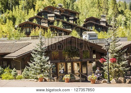 Vail, USA - September 10, 2015: Swiss Style Decorated Building for Ski Lift in Vail, Colorado