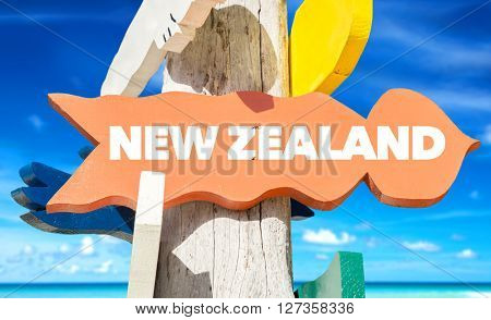 New Zealand signpost with beach background