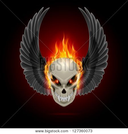 Mutant skull with long fangs orange flame and raised wings
