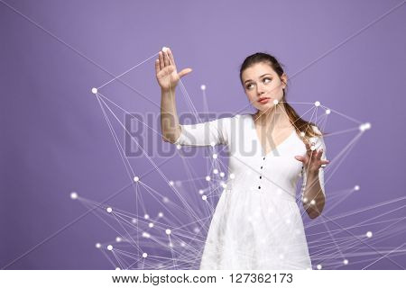 Global network concept, woman working with futuristic computer interface.