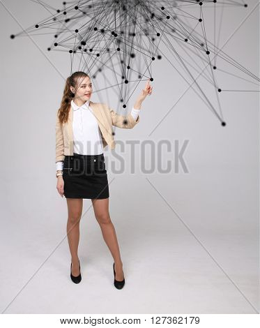 Global network connection concept, woman working with futuristic computer interface.