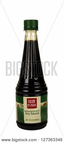 RIVER FALLS,WISCONSIN-APRIL 26,2016: A bottle of Fusia brand soy sauce. This product is distributed by Aldi Incorporated.