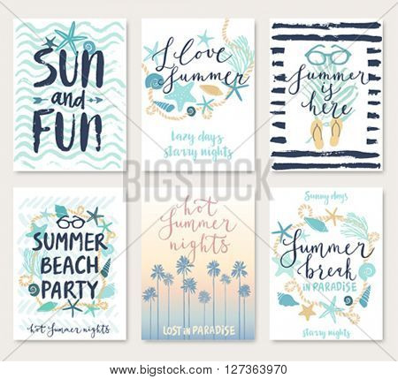 Summer hand drawn calligraphyc card set. Vector illustration.