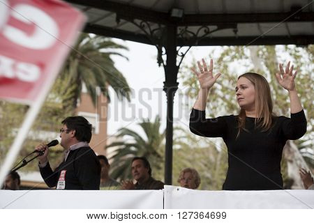 Badajoz Spain - March 29 2012: sign language woman interpreter gestures during a meeting that protests against austerity cuts
** Note: Soft Focus at 100%, best at smaller sizes