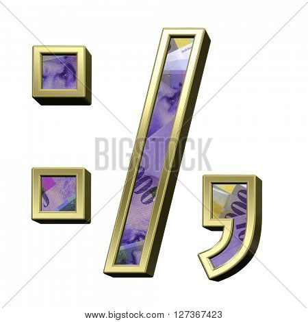 Colon, semicolon, period, comma from swiss franc bill alphabet set isolated over white. 3D illustration.