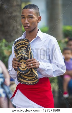 CARTAGENA COLOMBIA - FEB 04 : Street performer in Cartagena Colombia on February 04 2016. The historic port city Cartagena is UNESCO World Heritage Site since 1984.
