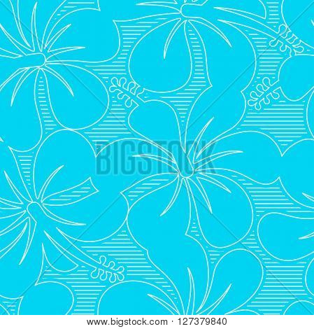 Light blue and white hibiscus lines seamless pattern .