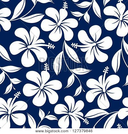 Blue and white tropical hibiscus flowers and leaves seamless pattern .