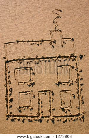 A New House.  A Child’S Drawing Of A House In The Sand.