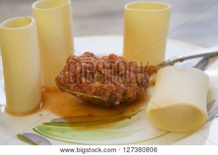 traditional kind of pasta of gragnano called paccheri with a spoon of tomato sauce