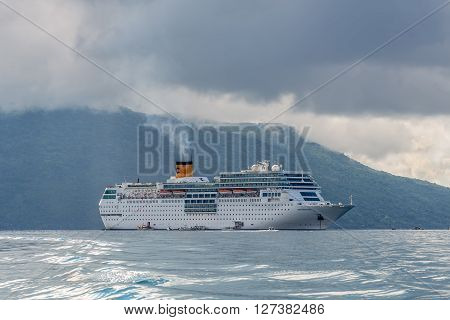Hell-Ville Madagascar - December 19 2015: Costa Neoromantica Cruise ship anchored at Hell-Ville Nosy Be Island Madagascar.