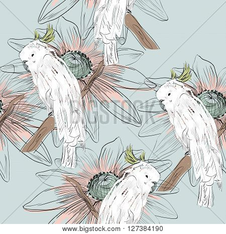 Vector sketch of a parrot with flowers. Hand drawn illustration